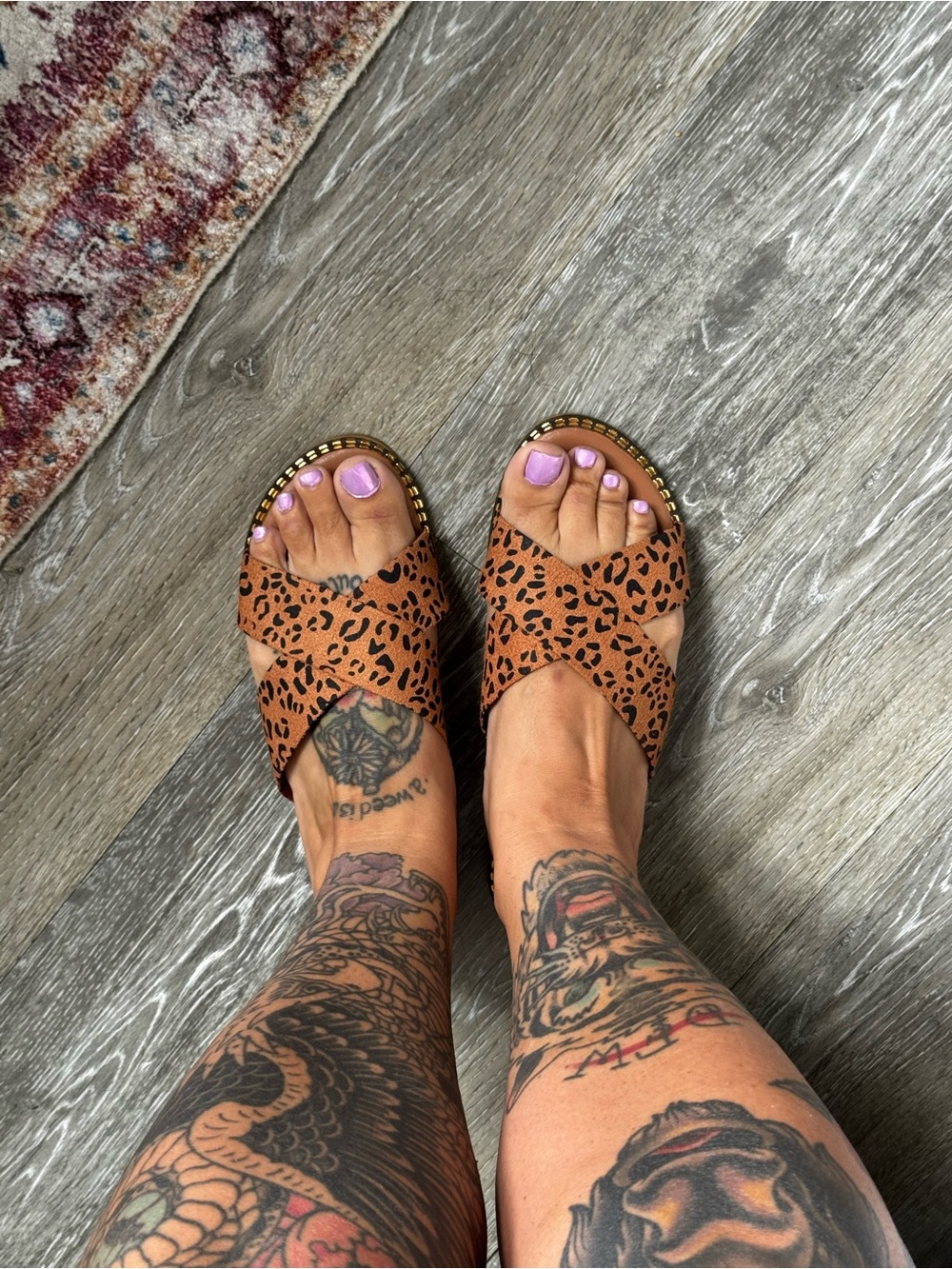 Women’s Leopard Print Criss-Cross Slide Sandals with Gold Stud Detail Brand New